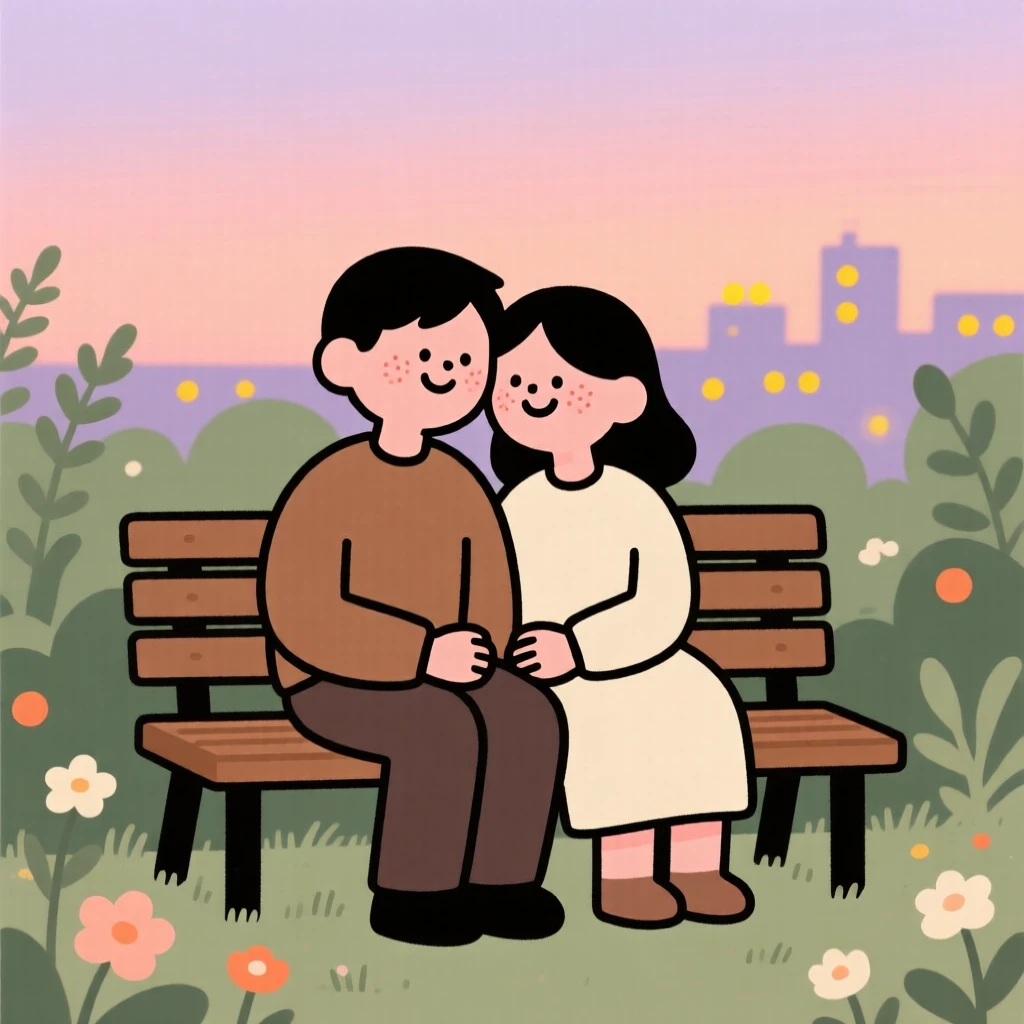 A couple shares a quiet moment on a garden bench at dawn, leaning close together as the city lights begin to glow surrounds them.