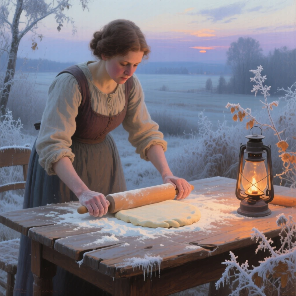 A well-framed scene of a woman rolling out dough on a flour-dusted wooden table, beneath fresh fallen frost, at twilight.