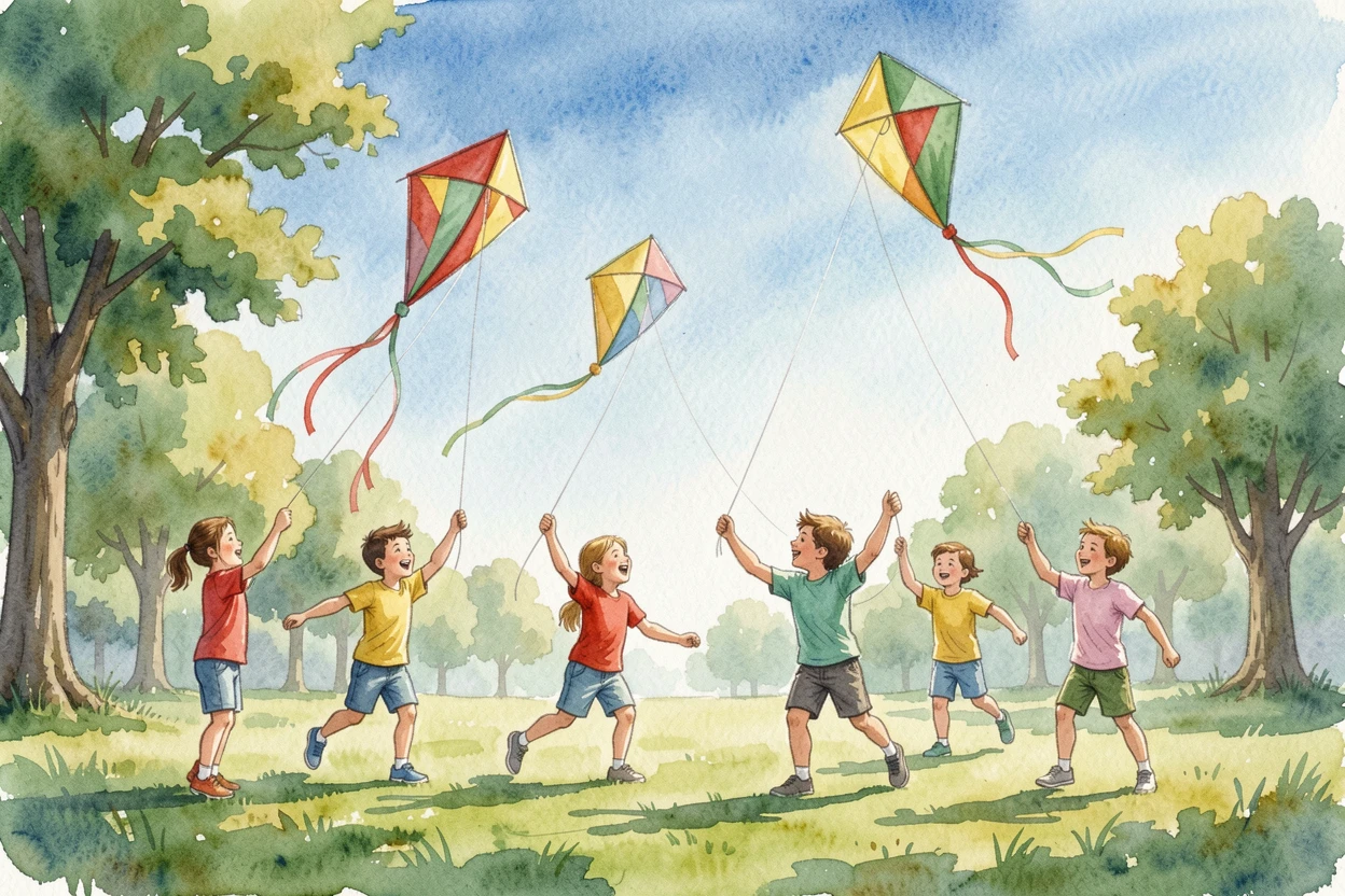 A group of children flying kites in a sunny park under a bright blue sky.