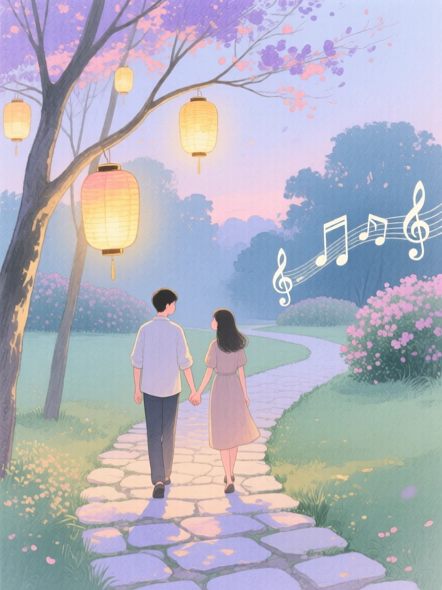 A tender moment of a stroll through a lantern-lit garden, as soft music plays in the background, capturing quiet affection between two people