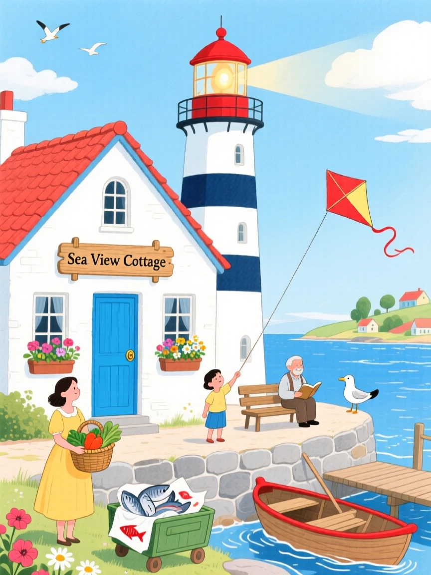 A lighthouse keeper's cottage by the sea, bustling gently with everyday village life.