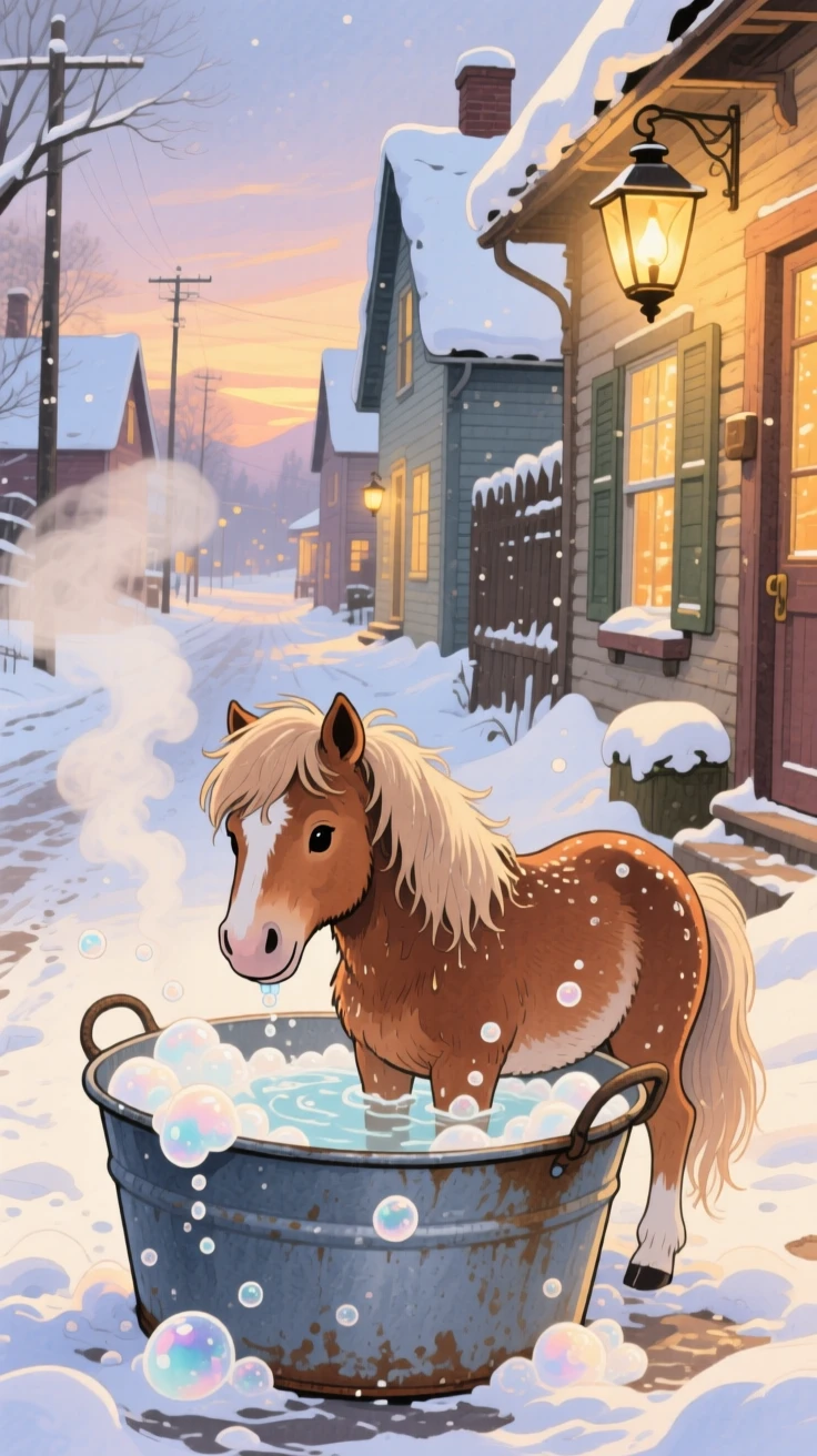 A shetland pony getting a gentle bath in a tin tub full of bubbles, set in a snowy village street lined with warm lantern light, evoking warmth and gentle affection.