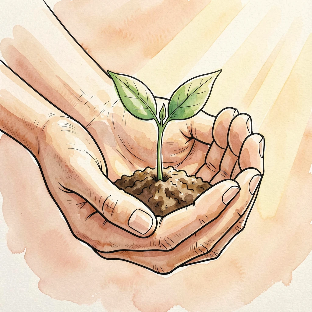 A pair of hands cupped gently around a small sprouting seedling, soft light breaking through to suggest new beginnings.