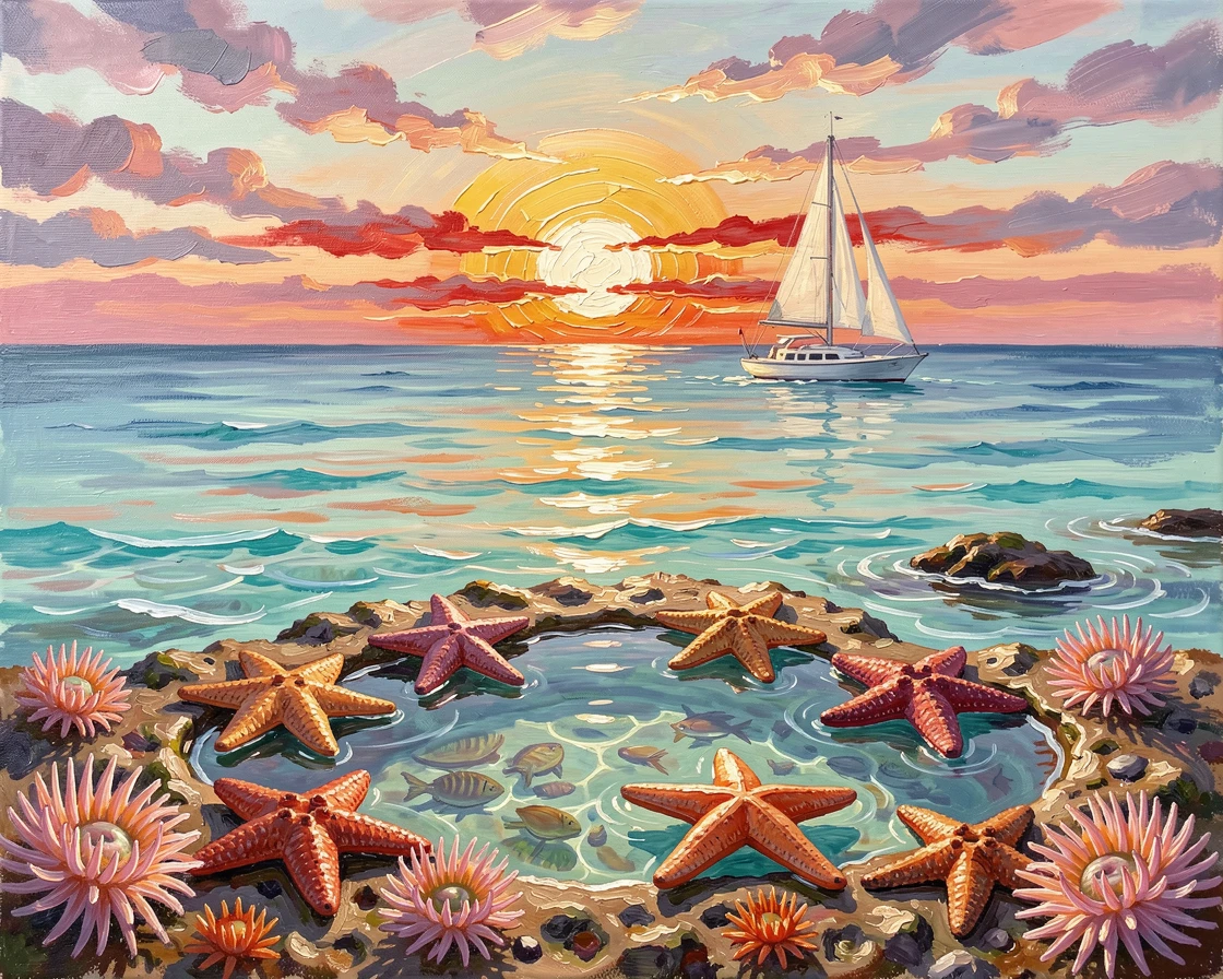 A secluded bay with turquoise water, beside a cluster of tide pools full of starfish and anemones, a single sailboat crossing the horizon, at sunset, the sun sinking into the horizon in a blaze of gold.