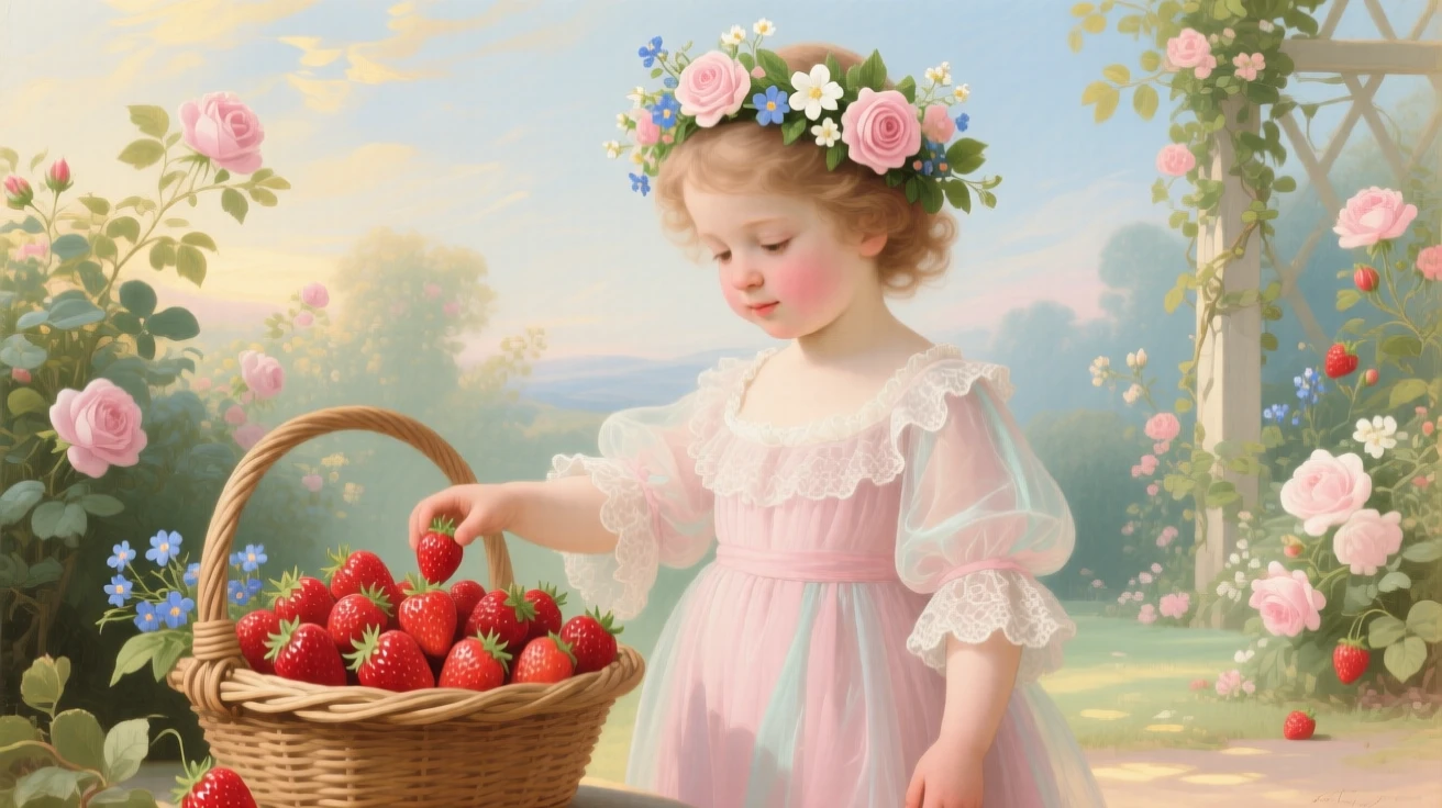 A child wearing a flower crown beside a basket of strawberries  