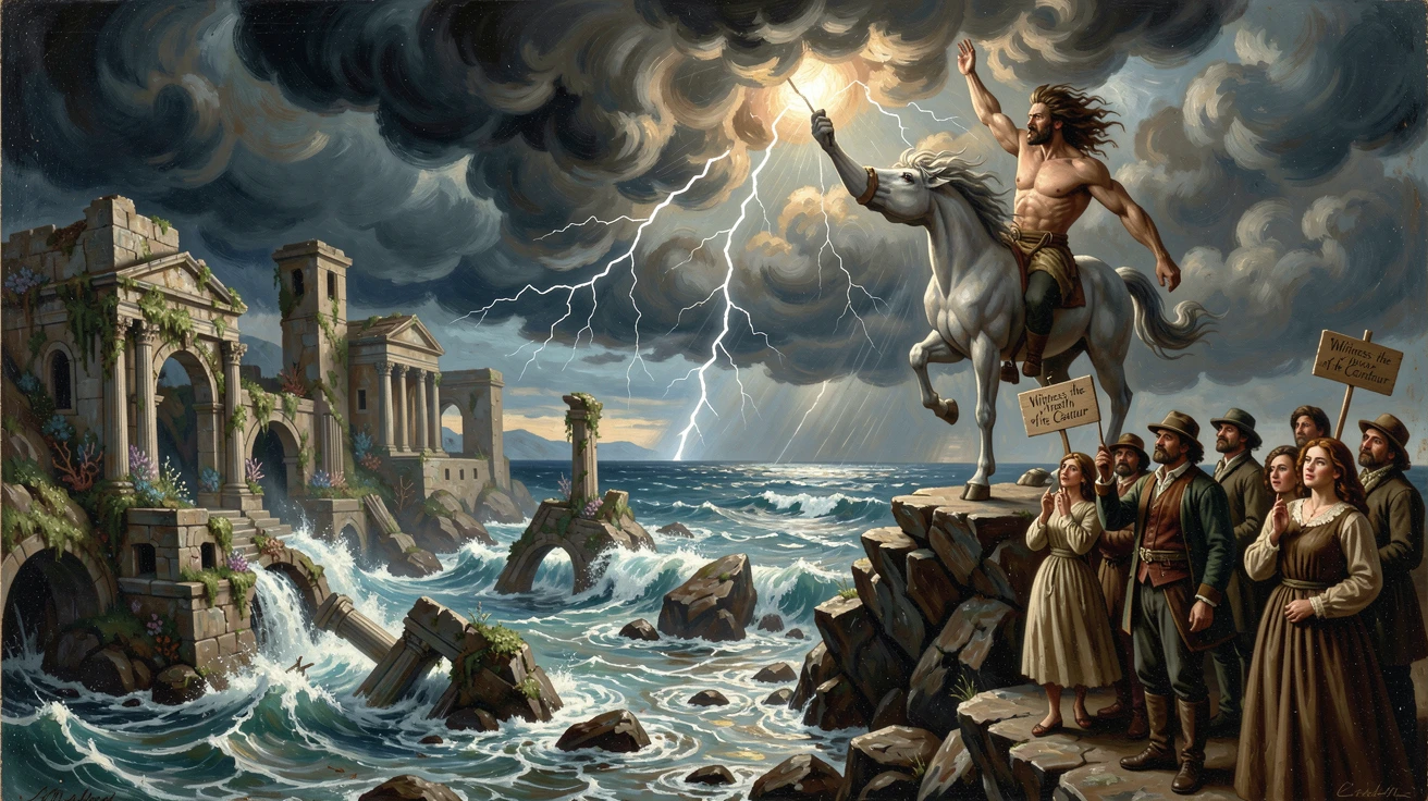 A centaur conjures a storm over a sunken city beneath the waves as mortals watch in awe.