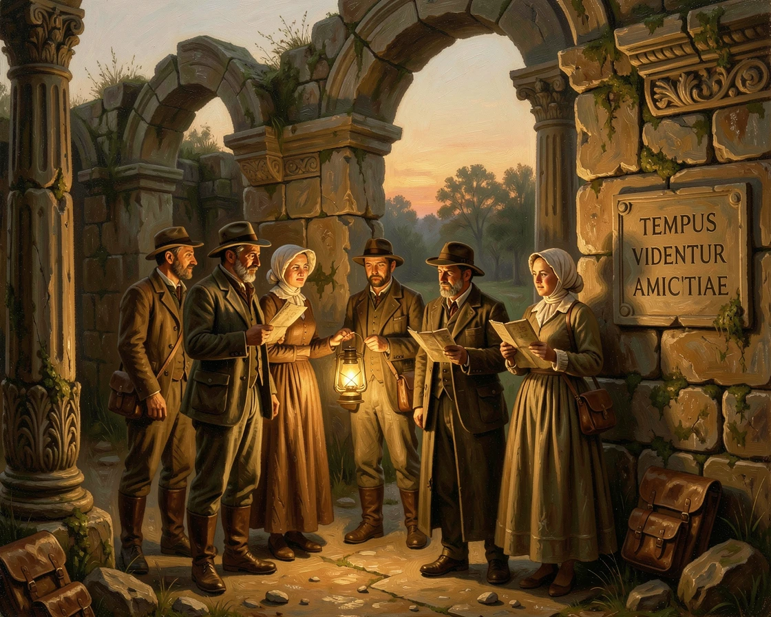 A group of travelers exploring ancient ruins by lantern light at dusk, as the golden light of dawn or dusk sets the perfect adventurous mood, capturing the excitement, freedom, and wonder of travel