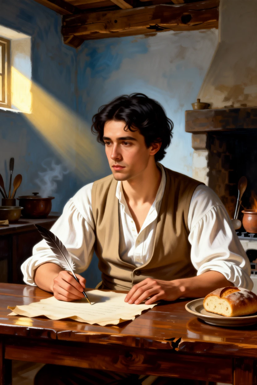 A poet lost in thought with quill hovering over parchment lost entirely in private thought, set in a modest cottage kitchen filled with the smell of bread, with a single shaft of light illuminating an expressive face; warm and cool tones contrast to separate figure from background, conveying quiet dignity and inner life.