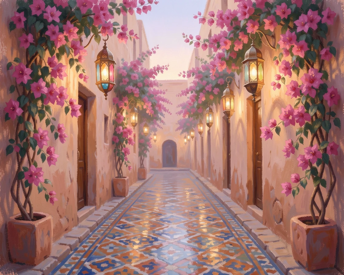 A hidden alley in Marrakech filled with mosaic tiles, hanging lanterns, and climbing bougainvillea, as the first light of dawn breaks, filled with a cozy, comforting atmosphere.