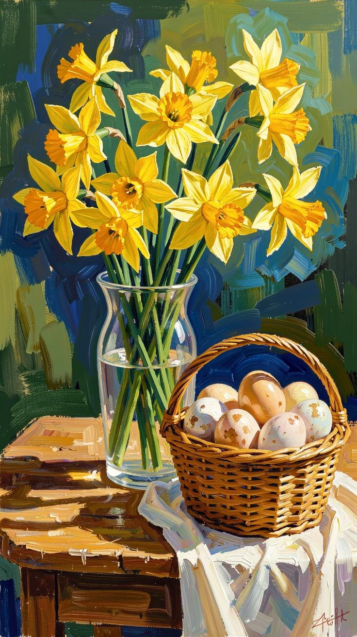 A vase of daffodils beside a basket of freshly gathered eggs on a spring morning table.