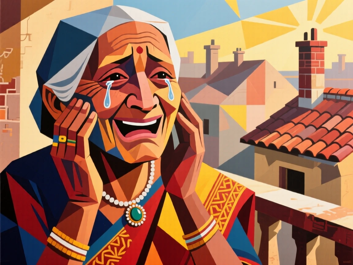 A close-up portrait of a grandmother of Indian heritage, holding back tears of joy, on a sunlit balcony overlooking rooftops.