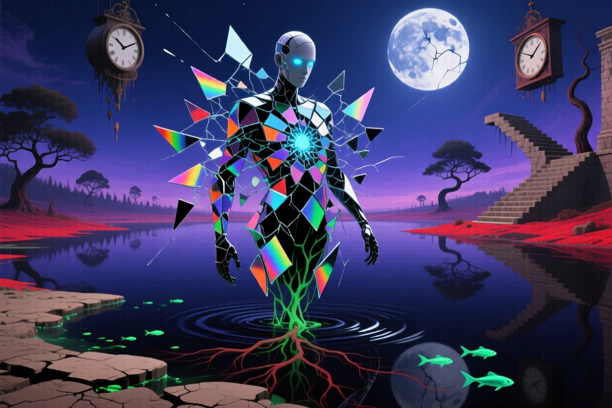 A figure made of shattered mirror fragments reassembling itself waits patiently at the edge of a still, dark lake, as the ground beneath them slowly turns to still water.