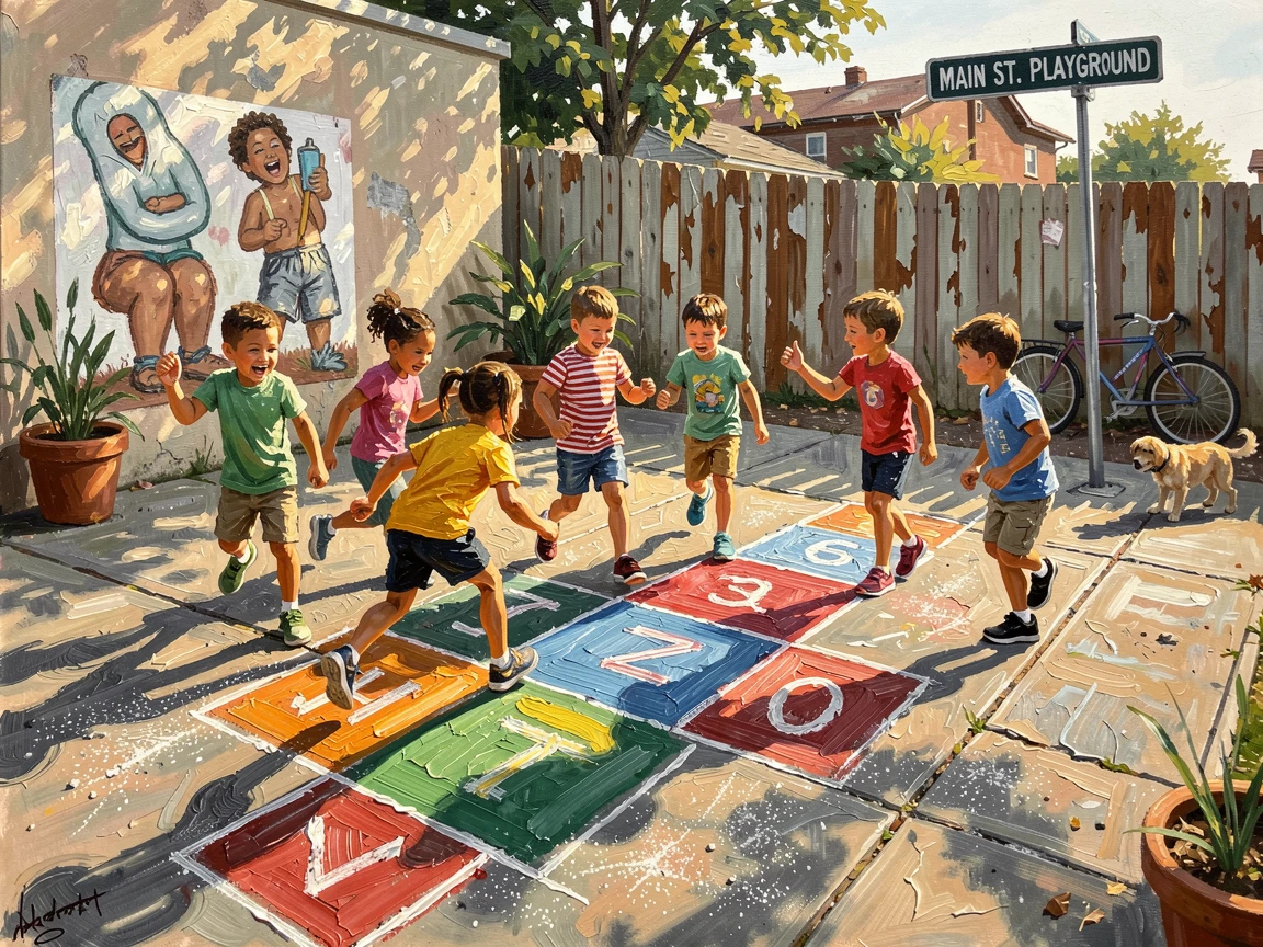 A group of neighborhood kids play hopscotch on a chalk-drawn sidewalk, colorful squares stretching across sun-warmed pavement, their surroundings offering subtle clues about culture, place, and the moment being lived.