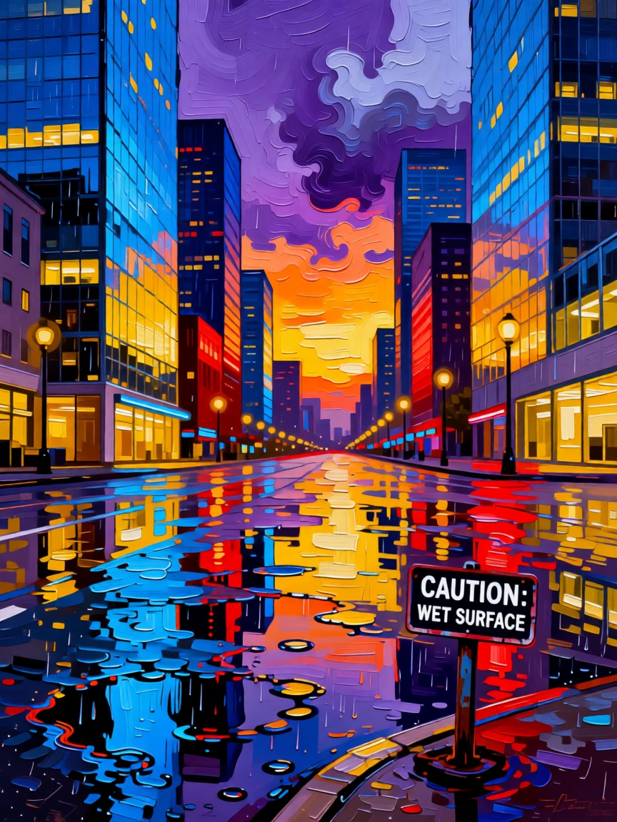 City skyscrapers reflected in wet pavement after a heavy evening rainstorm