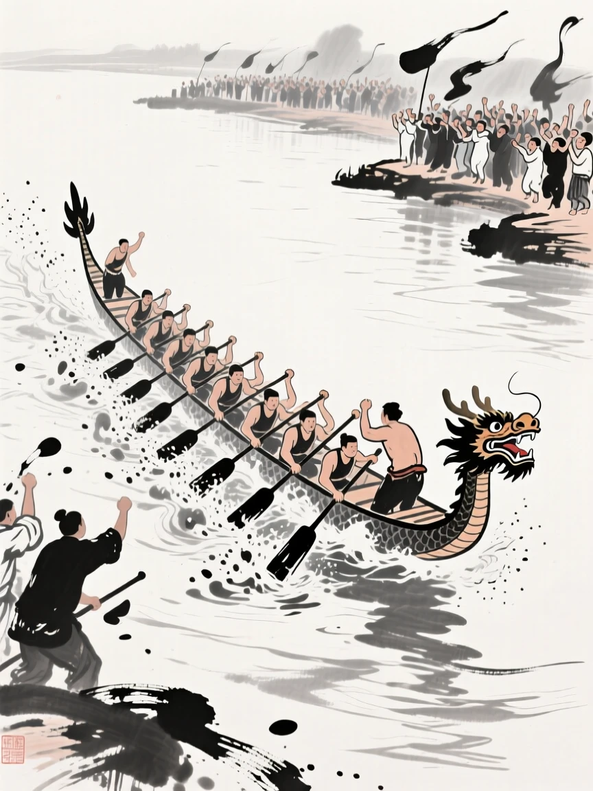 Rowers paddle a dragon boat swiftly down a wide river as crowds cheer from the banks, as spray leaps from the oars with every stroke.