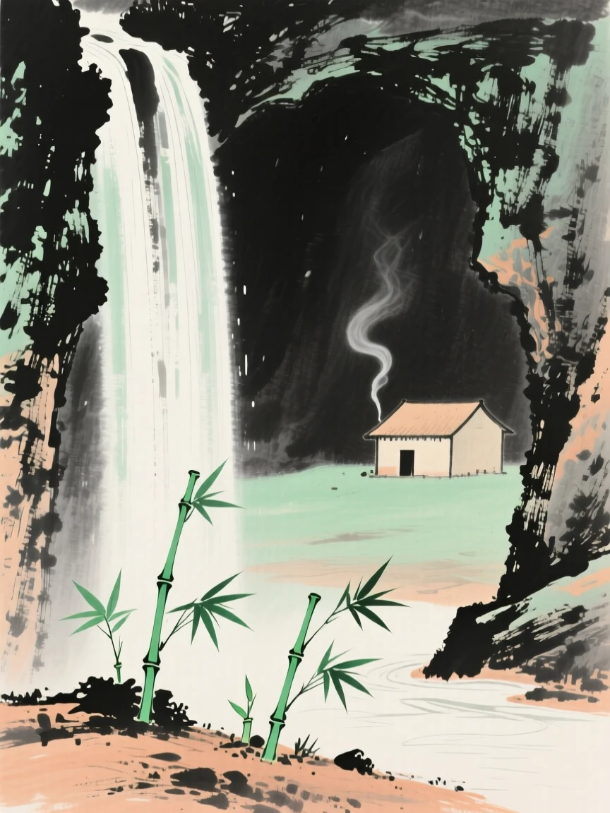 A hidden grotto behind a curtain of falling water, with a thin trail of smoke rising from a distant hut, conveying a deep sense of harmony with nature, as new bamboo shoots break through the soil.