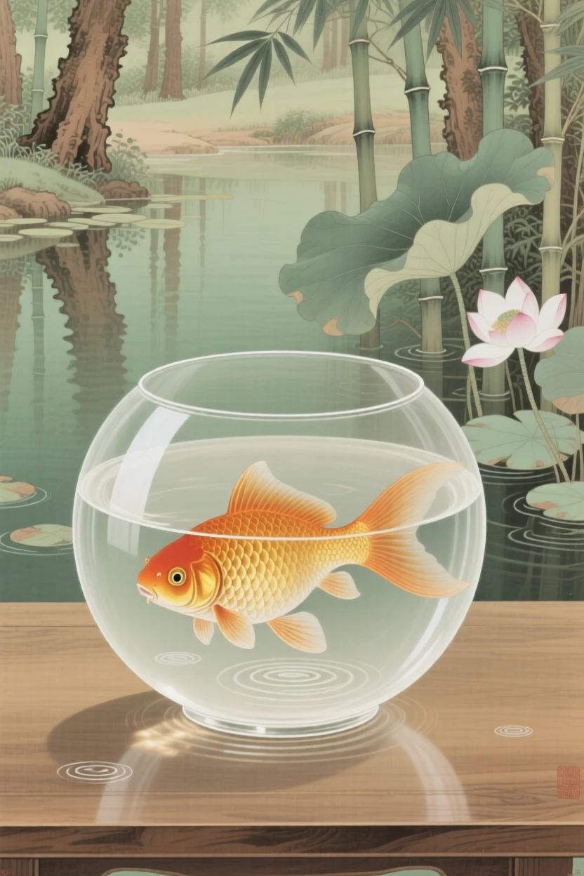 A goldfish in a round bowl drinking from a still forest pool