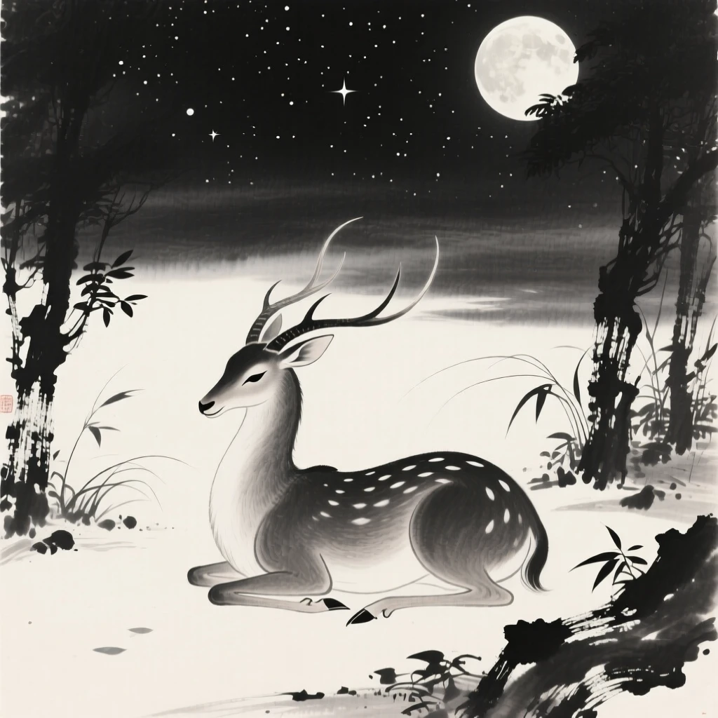 A mythical qilin resting in a moonlit grove over a vast, star-filled night sky, framed to emphasize scale against a vast open sky, capturing a dreamlike, otherworldly stillness.
