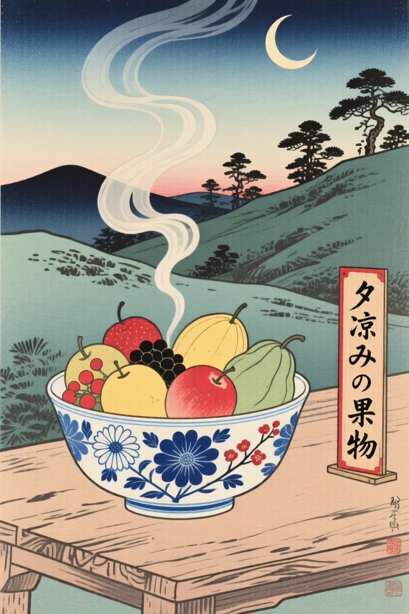 A hand-painted porcelain bowl of fruit steaming gently in the evening air.