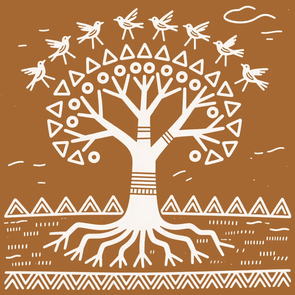A grand tree connecting the roots of the earth to a flock of birds in its branches.