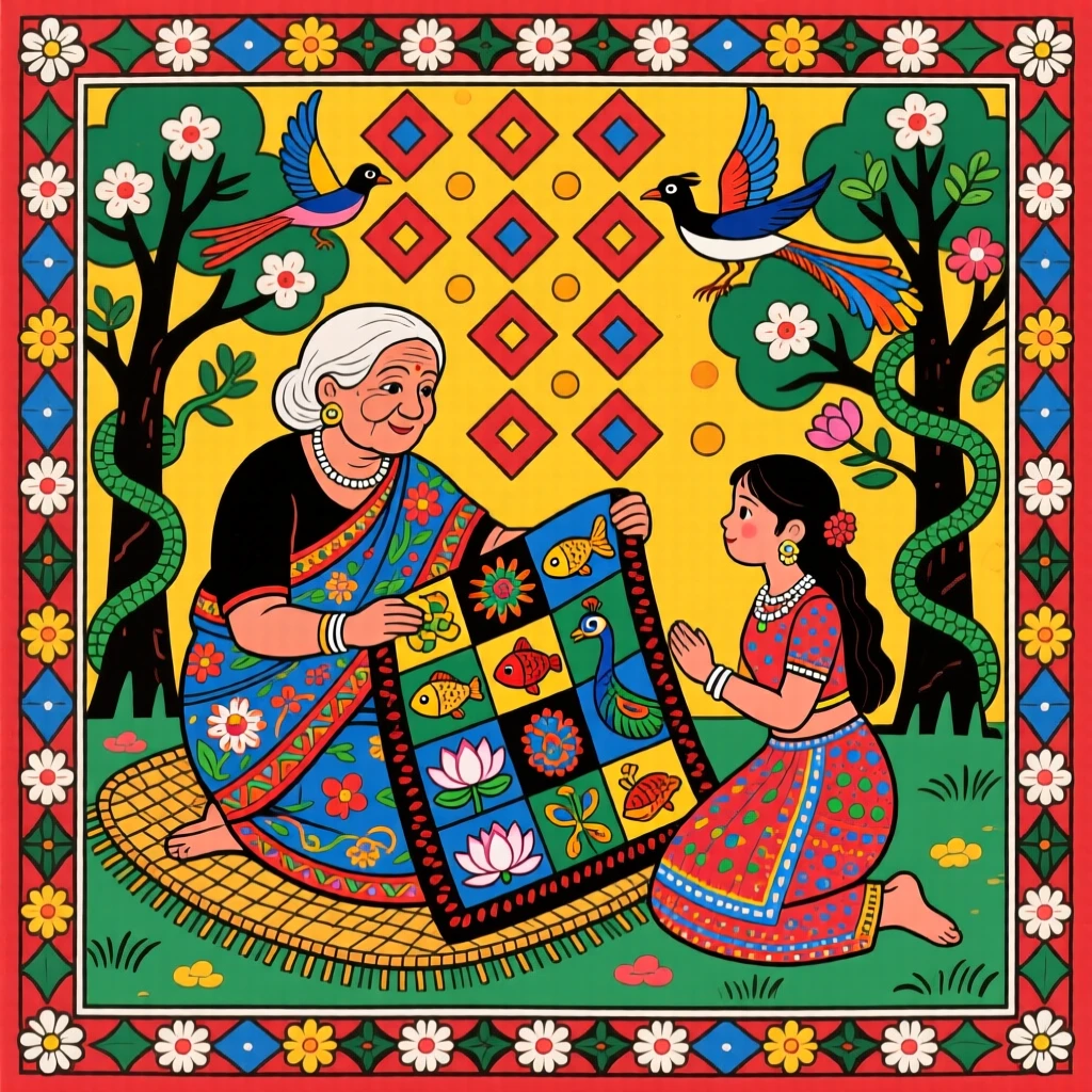 A grandmother passing down a treasured quilt to her granddaughter.