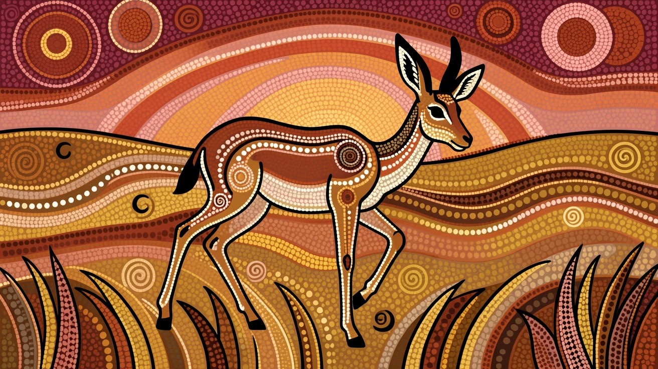 A impala crossing an open grassland at dawn