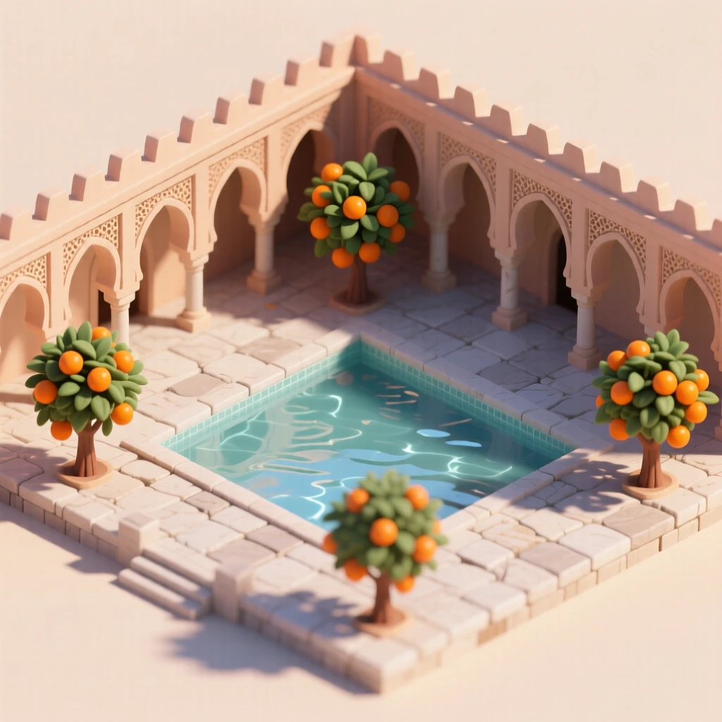 A medieval Spanish Moorish palace courtyard with horseshoe arches, a reflecting pool, and orange trees providing shade.