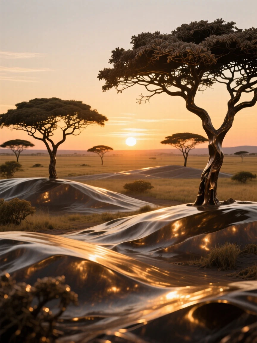 A golden savanna at sunset with scattered acacia trees, with a serene, contemplative atmosphere, offering a breathtaking sense of place