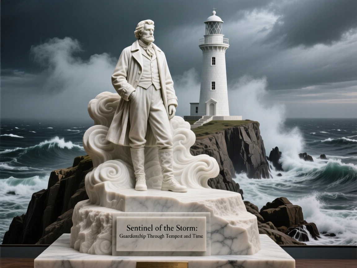 A beautifully composed image of a lighthouse keeper watching over a stormy sea, amid swirling clouds and mist, full of atmosphere and visual storytelling