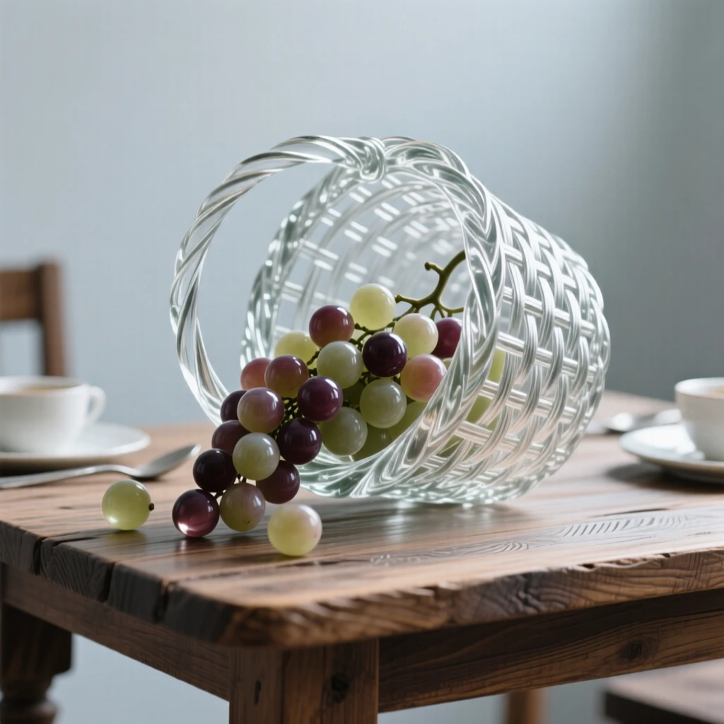 A bunch of grapes spilling from an overturned basket on a rustic wooden table set for breakfast