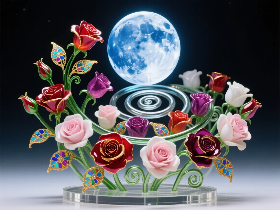 A field of blooming roses forming a spiral pattern beneath a rising midnight moon, elegant and intricate.