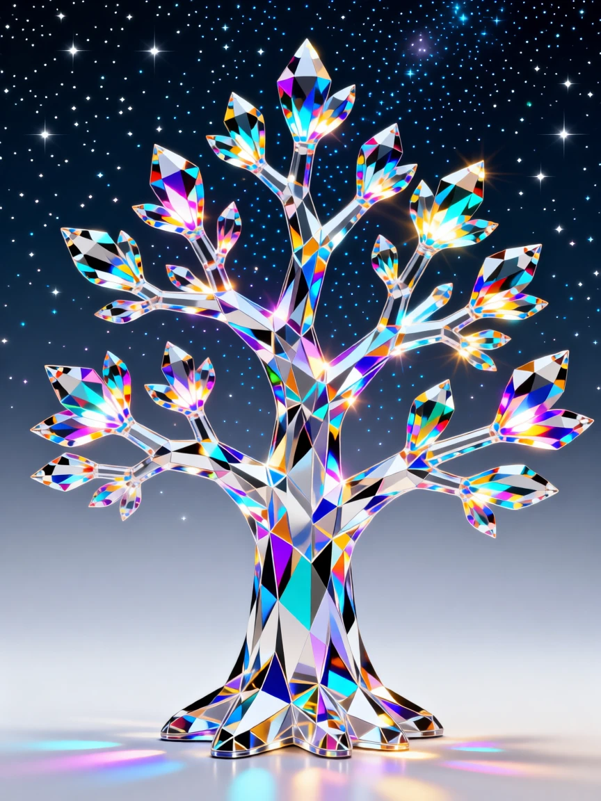 A surreal tree of glowing crystal branches reaching into a starlit void.