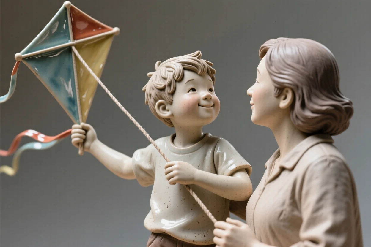 A little boy flying a kite with pure delight leaning gently toward a loved one, with a serene, knowing half-smile, capturing a universal moment of human connection.