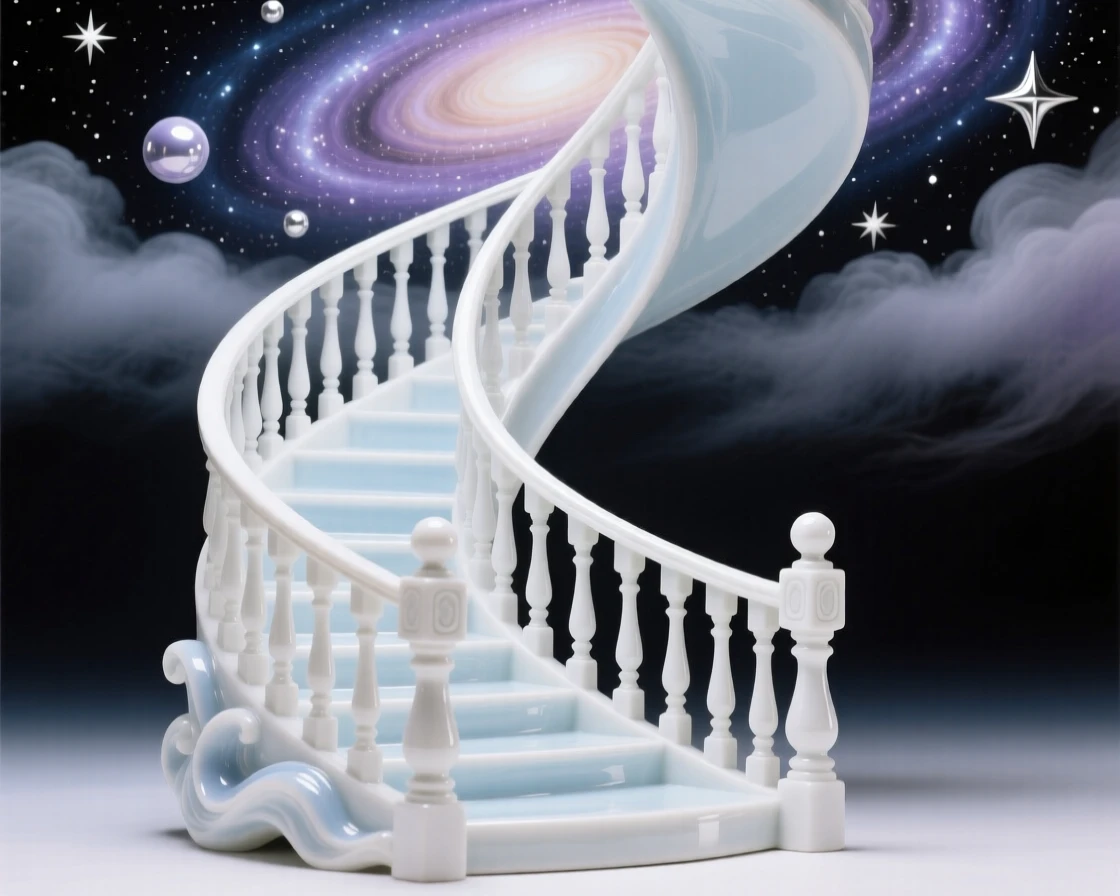 A dreamlike scene of a staircase spiraling up into a galaxy, balanced between the familiar and the fantastical.