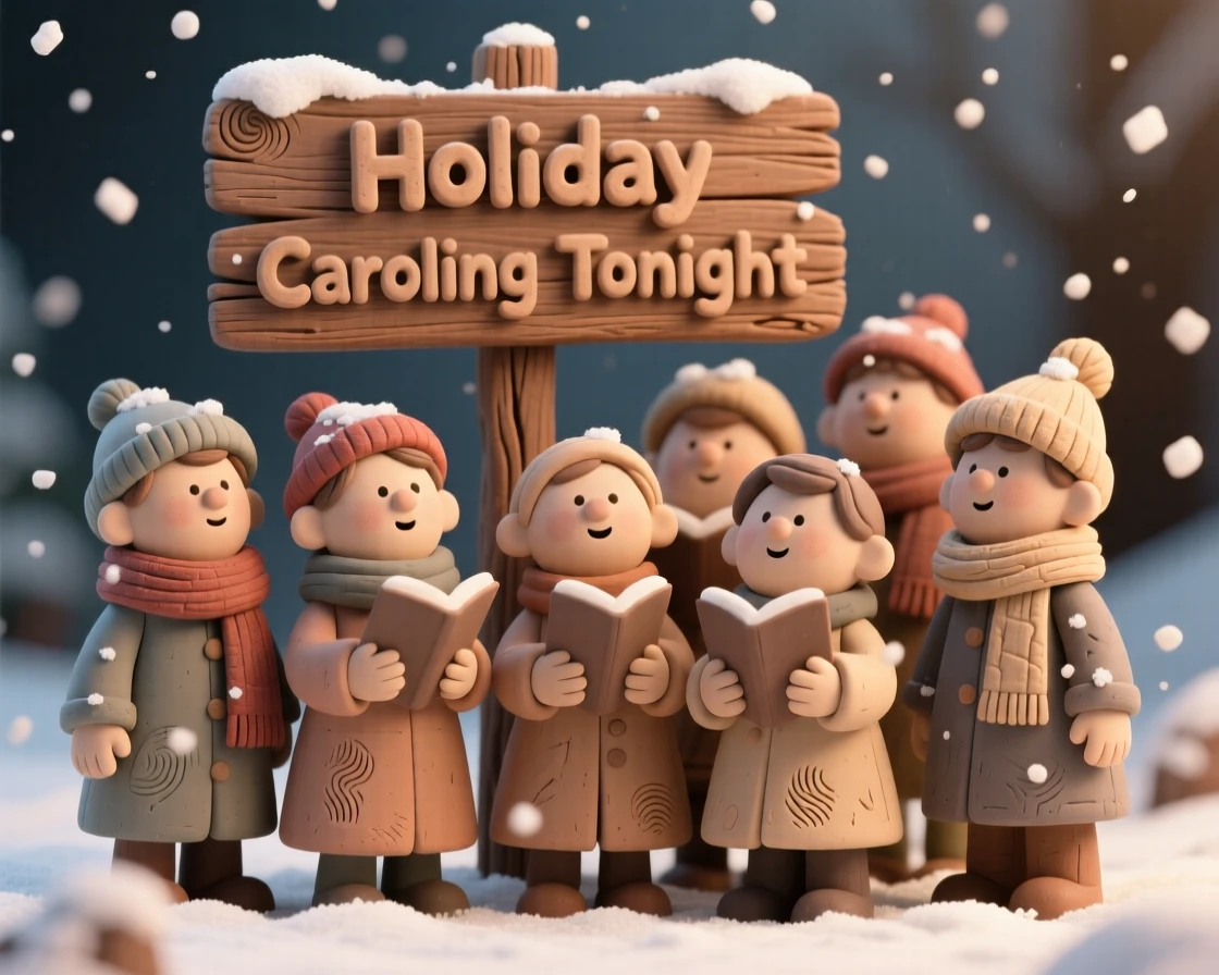 A holiday caroling scene beneath softly falling snow