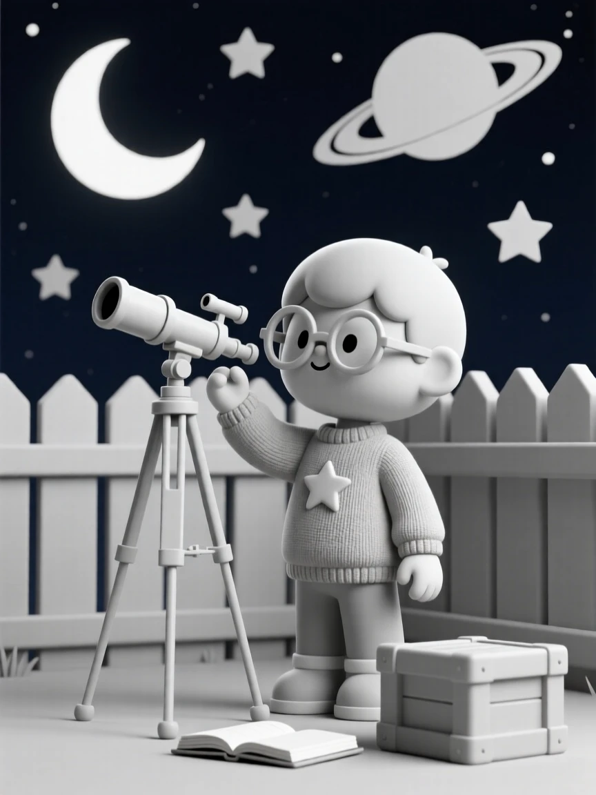 A determined young astronomer sketches Saturn's rings through a backyard telescope on a clear autumn night.