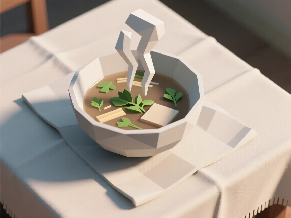 A bowl of steaming pho with fresh herbs, on a linen tablecloth set for breakfast. the composition is framed from a pleasing overhead angle. The scene feels warm and comforting.