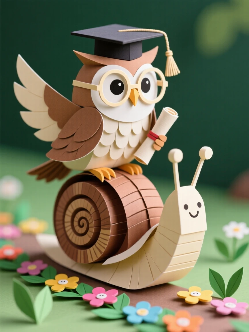 A spectacled owl scholar riding on the back of a friendly snail, with little flowers blooming in its wake, evoking whimsical charm and gentle humor.