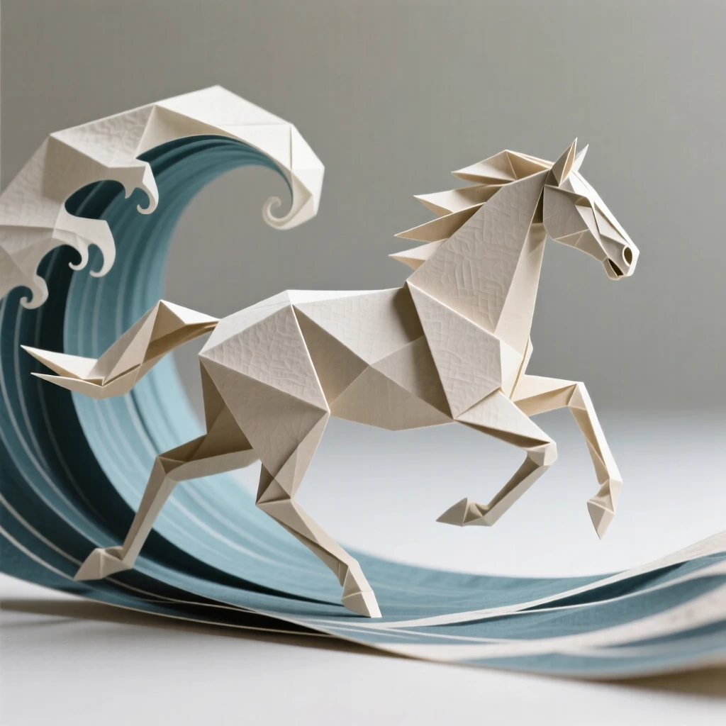 A single wave curling into the shape of a running horse mid-gallop.
