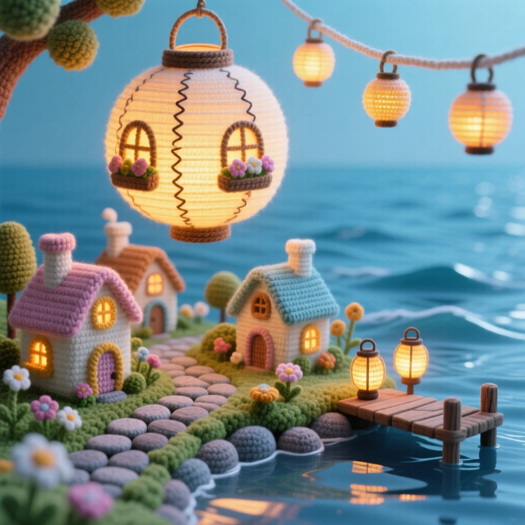 a miniature village built inside a giant glowing paper lantern, with tiny warm windows, hanging softly above a quiet garden path, perched above a calm and glassy sea, with a cluster of miniature glowing lanterns, evoking a dreamlike, storybook charm.