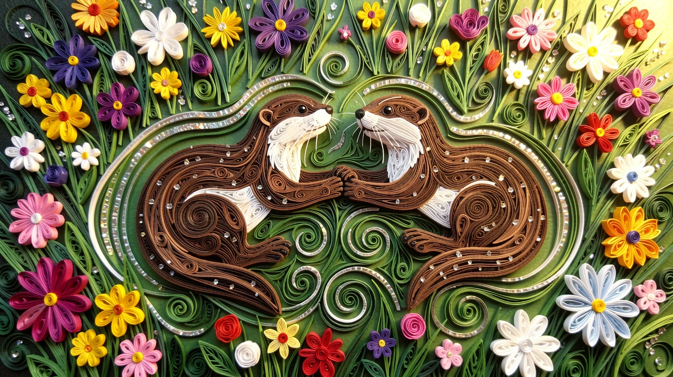 a pair of otters holding paws while floating on their backs, in a sunlit meadow scattered with wildflowers, shown from a gentle overhead perspective, with tiny sparkling highlights catching the light.