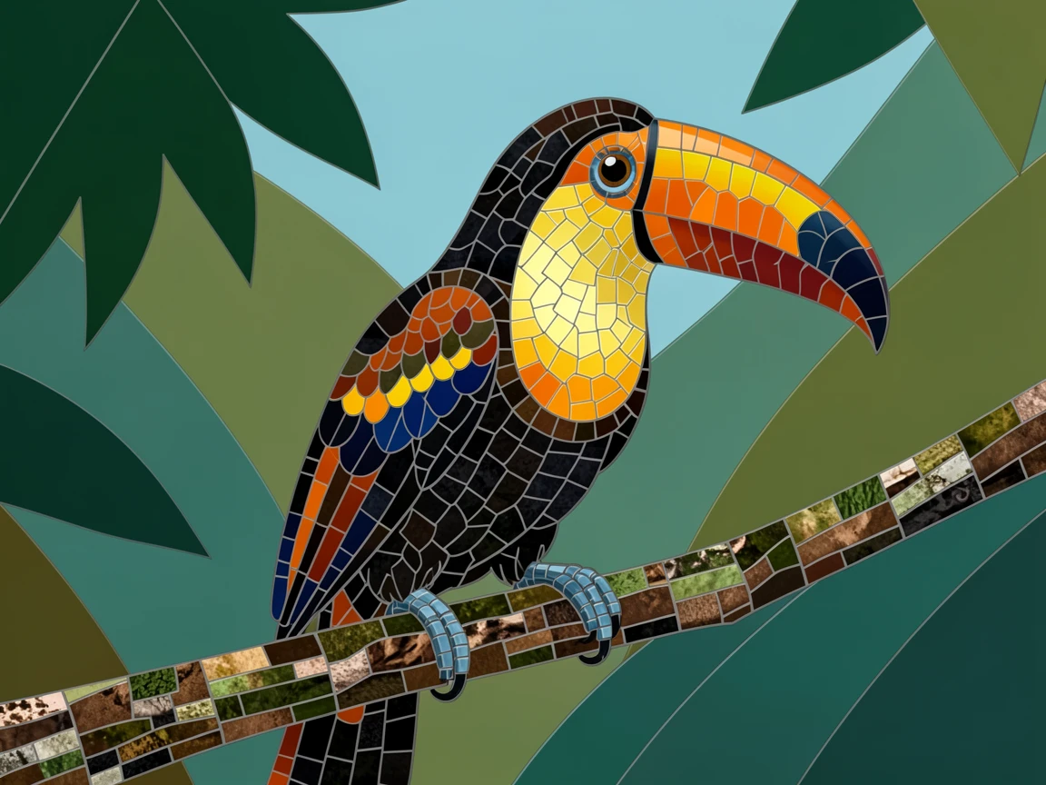 A close-up portrait of a toucan resting on a branch in a lush rainforest canopy, showing rich fur or feather detail and expressive eyes.