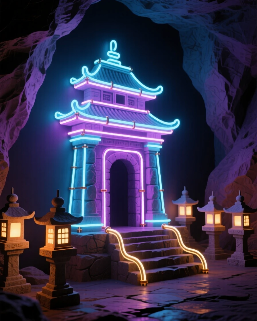 A cave temple lit by rows of stone lanterns.