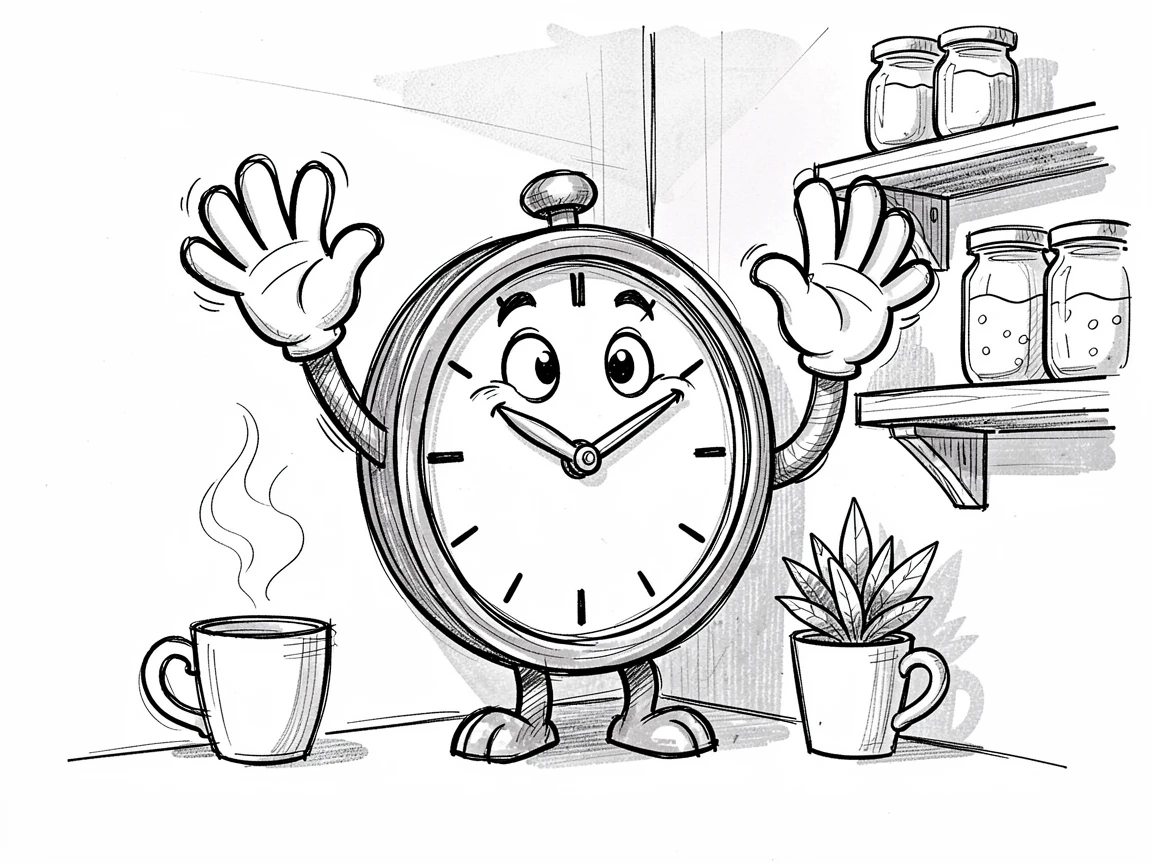 A clock with hands that look like waving arms in a cozy kitchen corner.