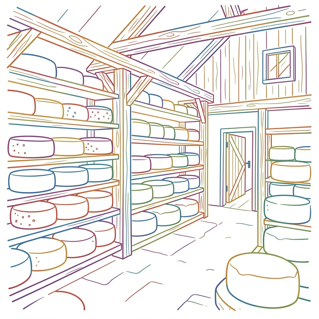 A quiet countryside creamery with rows of aging cheese wheels.