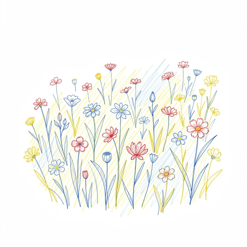 A field of wildflowers scattered across a sunlit alpine meadow