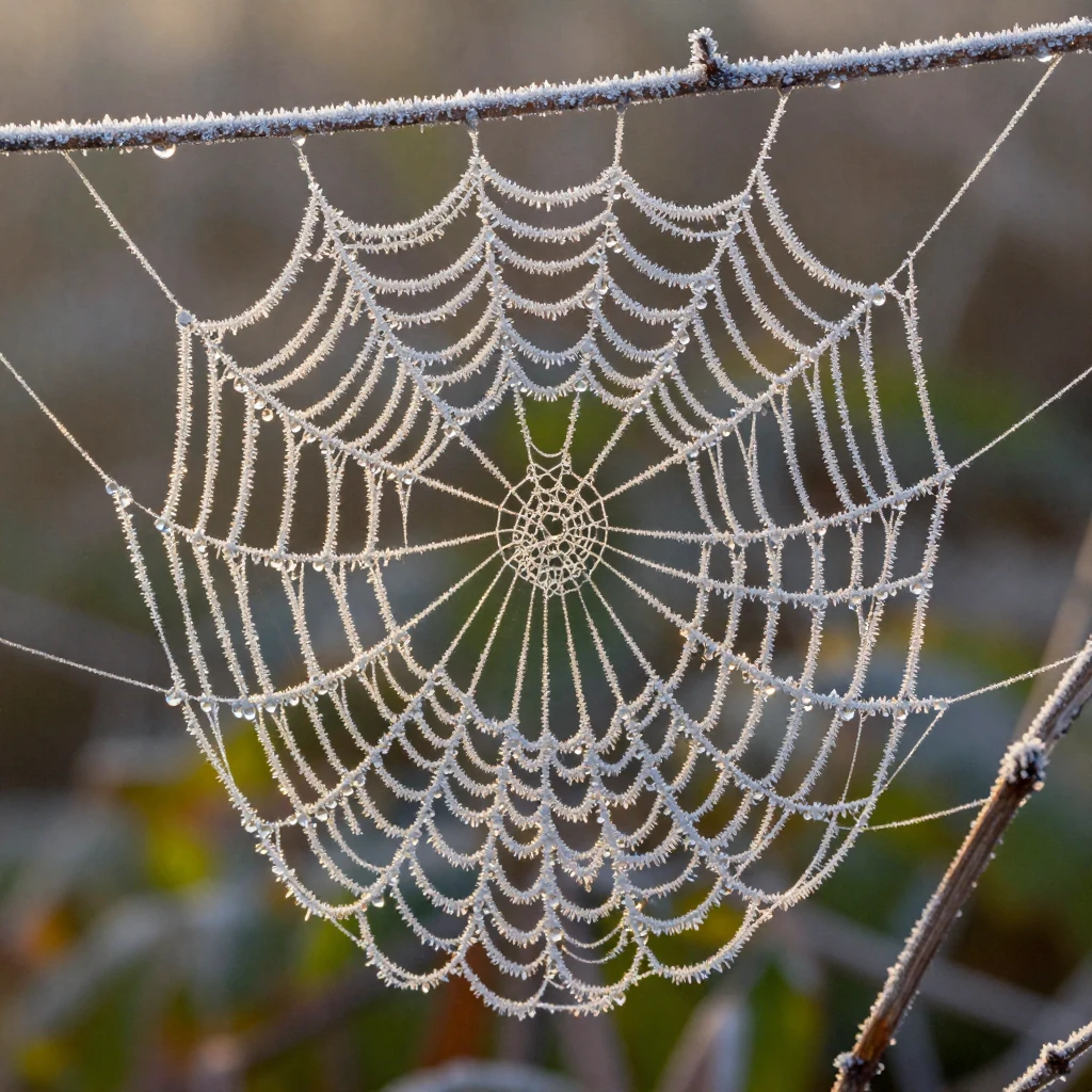 A frost-covered spider web glistening in morning light