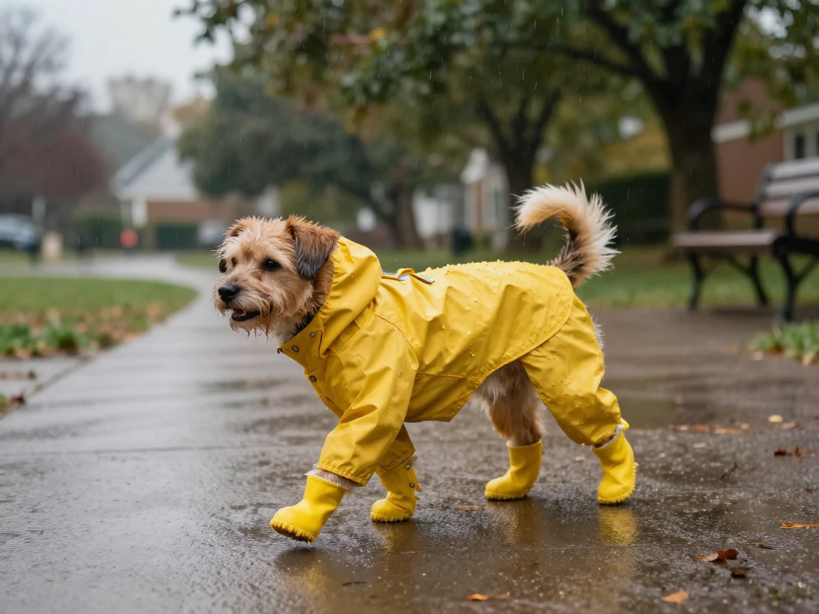 A dog wears a tiny raincoat and boots on a walk through a drizzly park.