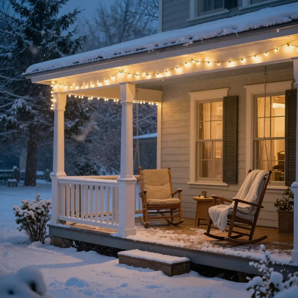 A wraparound porch strung with soft glowing lights, welcoming and warm, during a quiet snowfall outside
