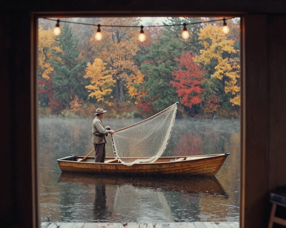 A fisherman casting a net from the bow of a small boat, under strings of warm string lights, under a light drizzle, as autumn leaves turn gold and red, with deep emerald greens and browns, framed through an open doorway.